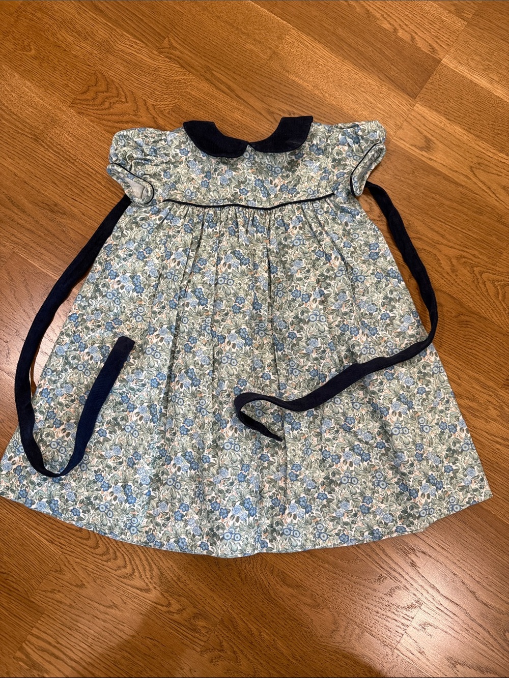 Blue Floral Peter Pan Collar Dress with Navy Trim - Girls